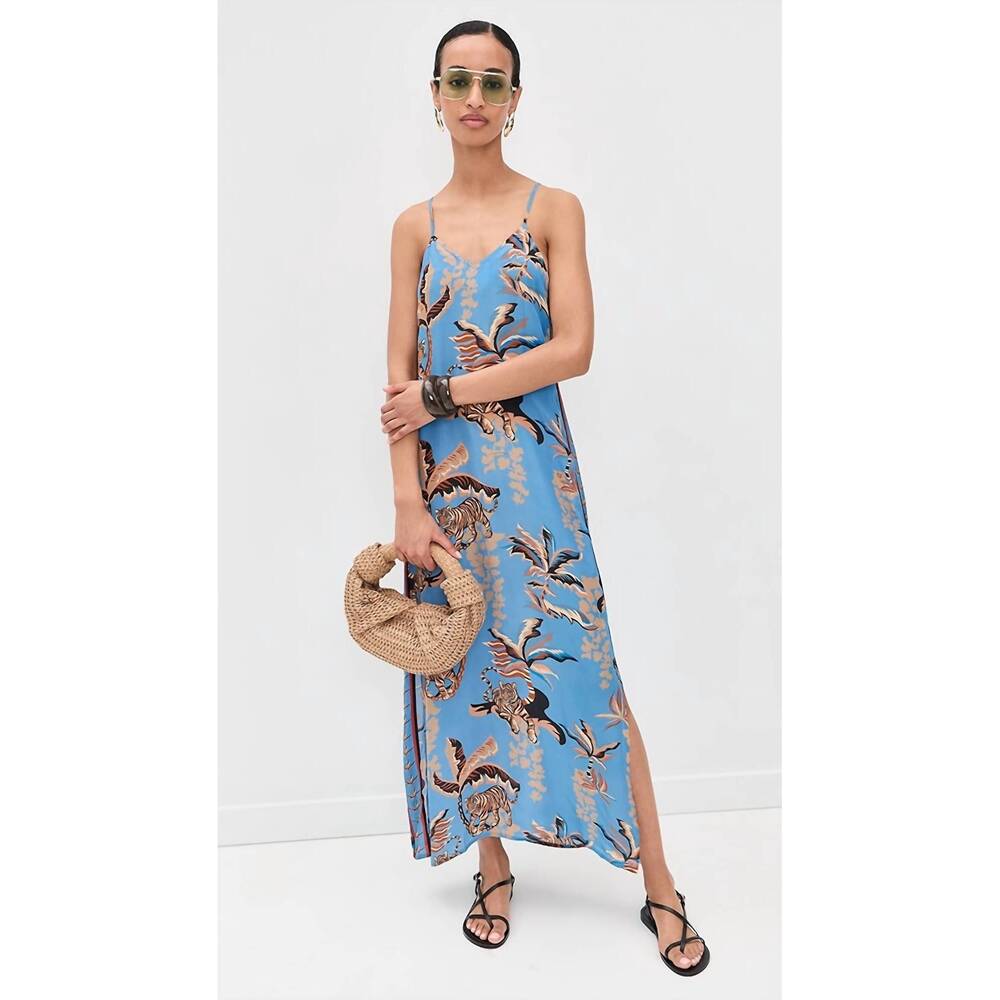 NEW LAS SUREÑAS bali tiger ocean silk dress in blue